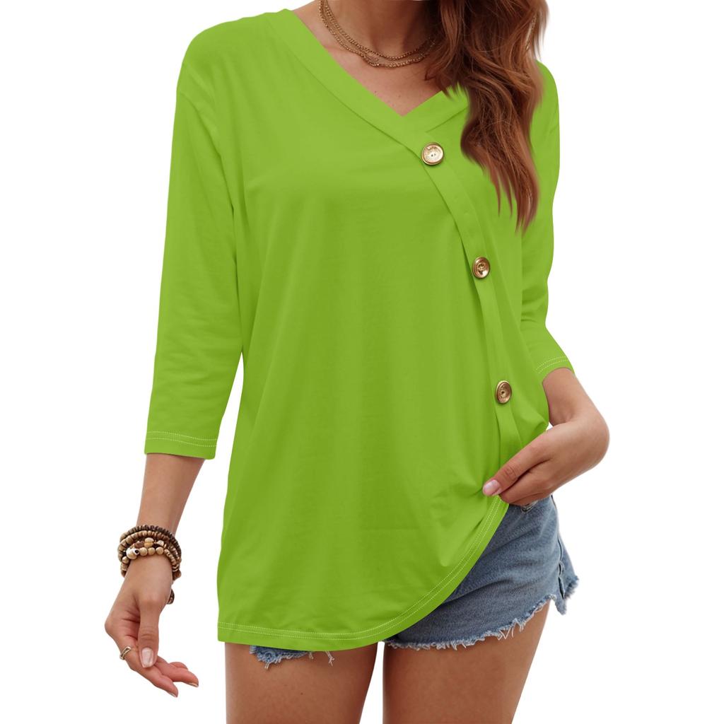 Women's Fashion Casual Three-quarter Sleeve Solid Color Button Round Neck Top