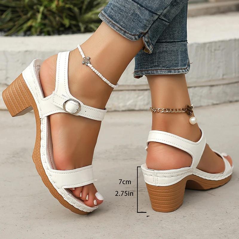 Fashion One Strap White Thick Heel Sandals for Women Lightweight Pu Leather Ankle Buckle Sandles Woman Plus Size Summer Sandalias Mujer