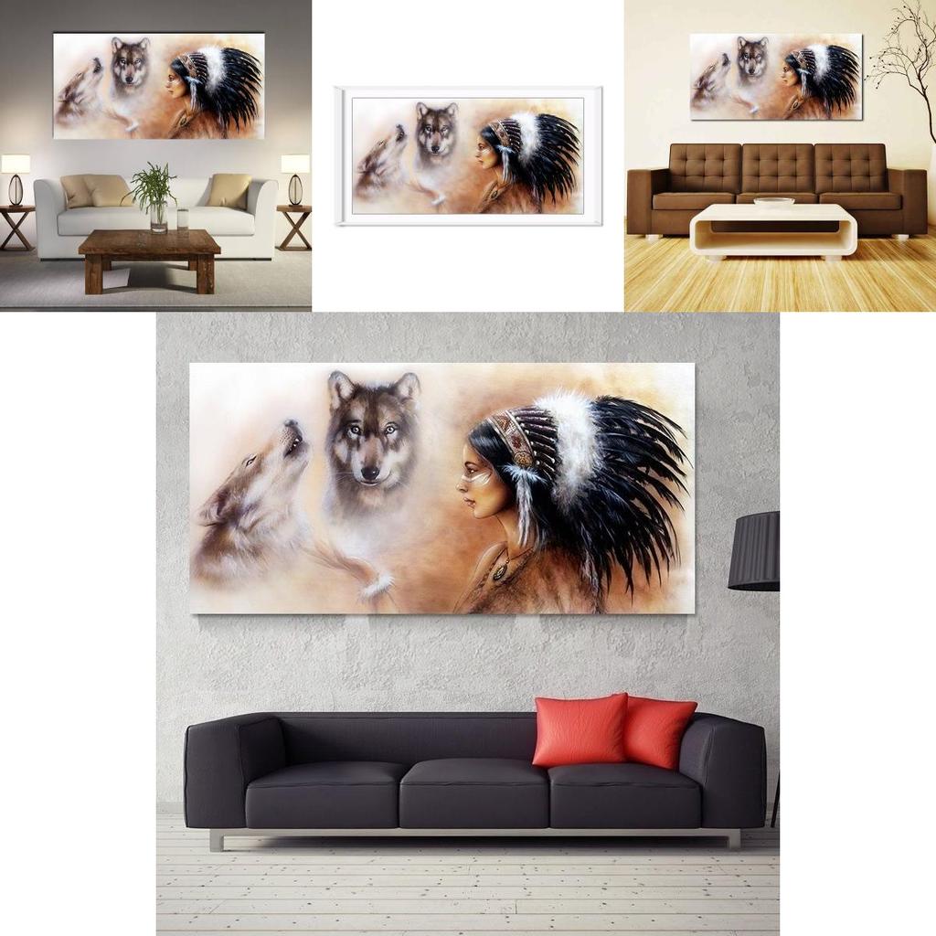 Indian Girl Wolf Wall Sticker Unique 3d Canvas Material For Decoration