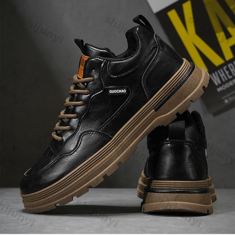 Fashion Men Casual Leather Shoes Autumn New Waterproof Work Shoes Casual Thick Soled Lace Up Anti Slip Ankle Boots Comfort Leather Botas