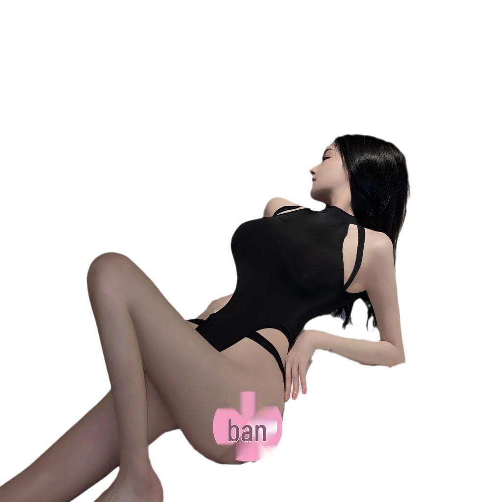 Open-Crotch Lace-Up Ice Silk Bodysuit Pajamas - Sexy School Swimsuit Style Lingerie