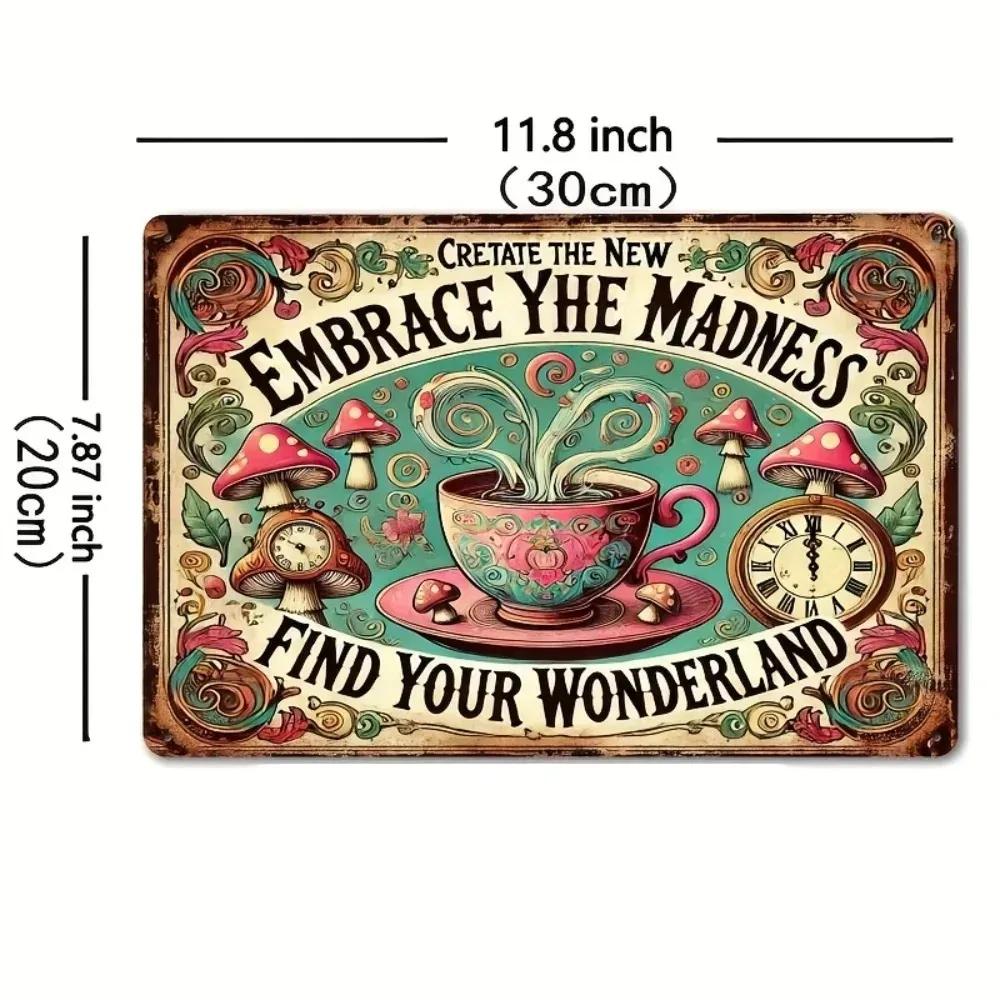 WhimsyVibeCo Colorful Metal Decor | "Embrace the Madness" Tin Sign with Tea Party Mushrooms, Ideal for Cafes & Rustic Farmhouses