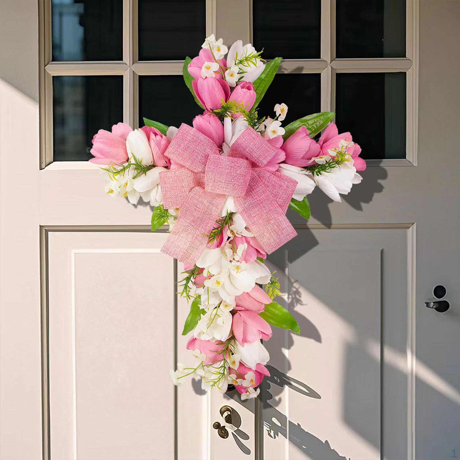 

Искусственный цветочный венок пасхальный крест тюльпан дверь фестиваль многоразовый White Pink