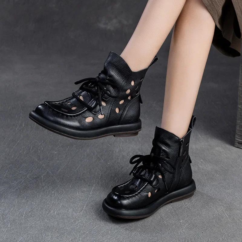 Fashion High Quality 3CM New Design Women Summer Breathable Shoes Hollow Out Cool Boots Literary Style Genuine Leather Flat Ankle Boots