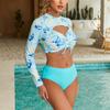 Anfilia Women's Two-Piece Swimsuit Printed Rash Guard Set Long Sleeve Hollow Out Lace-up Swimwear UPF50+