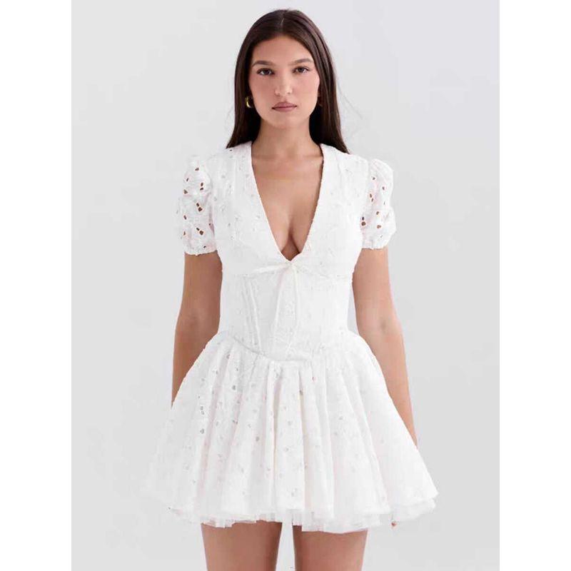 House Same Style Super Nice French style Sweet Slim White Dress Pure Desire Deep V Hollow Embroidery Puff sleeve Slim dress
