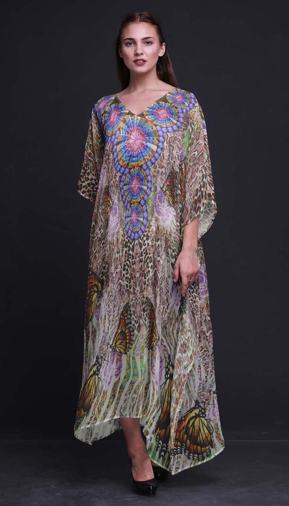 Phagun Butterflies & Leopard Animal Skin Beach Kaftan Bikini Cover Up Womena    S Maxi Dress Long