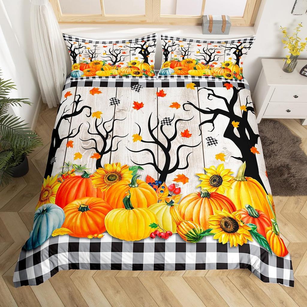 Halloween Bettwäsche Bettbezug Set Herbst Kürbis Sonnenblume Bettwäscheset Jungen Mädchen Geometrisch Karo Schlafzimmer Deko Bettdeckenbezüge