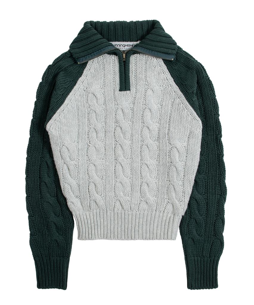 Leoninghai Color Block Turtleneck Zip-Up Knit Pullover [Green]