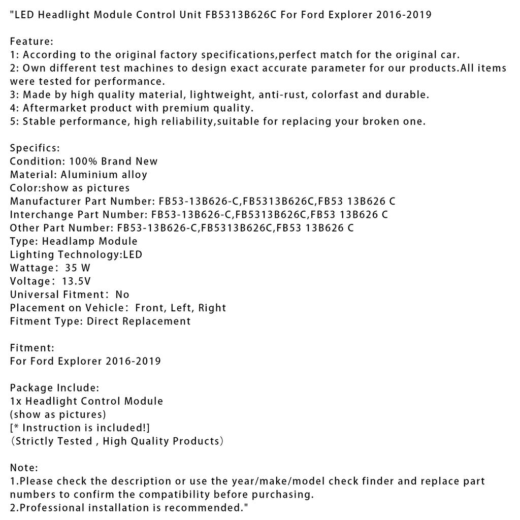 LED Headlight Module Control Unit FB5313B626C For Ford Explorer 2016-2019