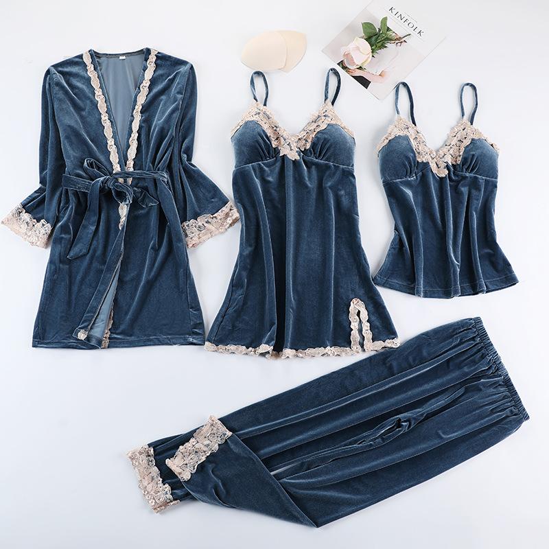 Burgunder Velours Pyjama Anzug Frauen 4PCS Kimono Robe Nachthemd Set Nachtwäsche Dame Winter Warm Gestreiften Gold Samt Bademantel Kleid