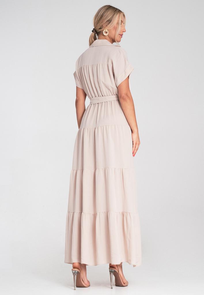 Letnia Sukienka Maxi - Sukienka Z Kołnierzykiem I Falbankami - Beżowa M1195 R. S/M