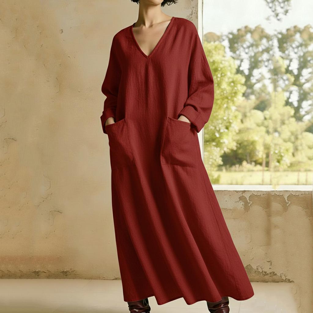 Women's Fashionable Loose-Fit -Color V-Neck Pocket Long-Sleeve Cotton-Linen Blend Dress