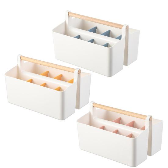 Desktop Plastic Caddy with Wooden Handle Art Supply Organizer Bin with Adjustable Dividers Makeup Basket Storage Tote for Colored Pencils Brushes