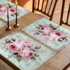 4-Pack Pink Rose Vintage Placemats Shabby Chic Design Washable Linen Table Mats for Romantic Dinner Kitchen Decor