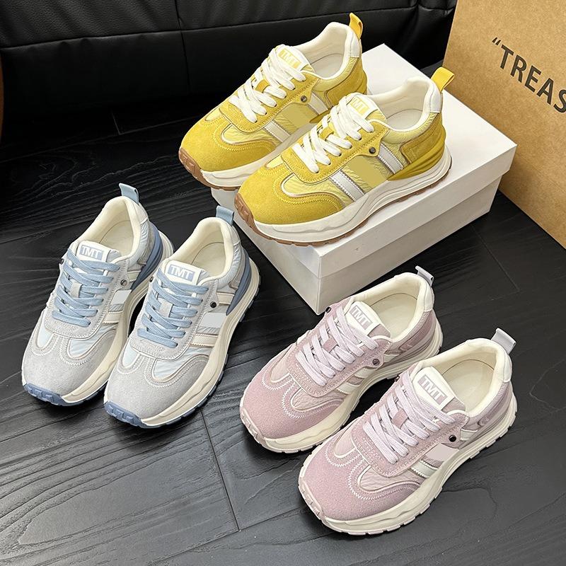 Leather platform dad shoes women's summer new yellow striped waffle casual sneakers