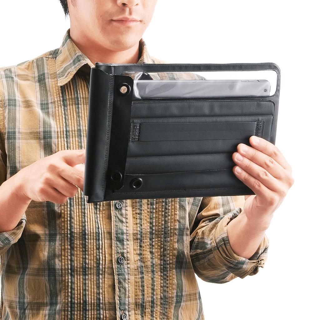 SANWA SUPPLY Tablet Waterproof and Dustproof IP47 with Stand and Shoulder Black Case, (10.1 Inch), Certified, Strap, (PDA-TABWPST10BK)