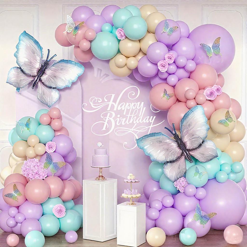 Purple Butterfly Balloon Set, Butterfly Aluminum Film and Macaron Latex Balloon for Graduation Ceremony Birthday