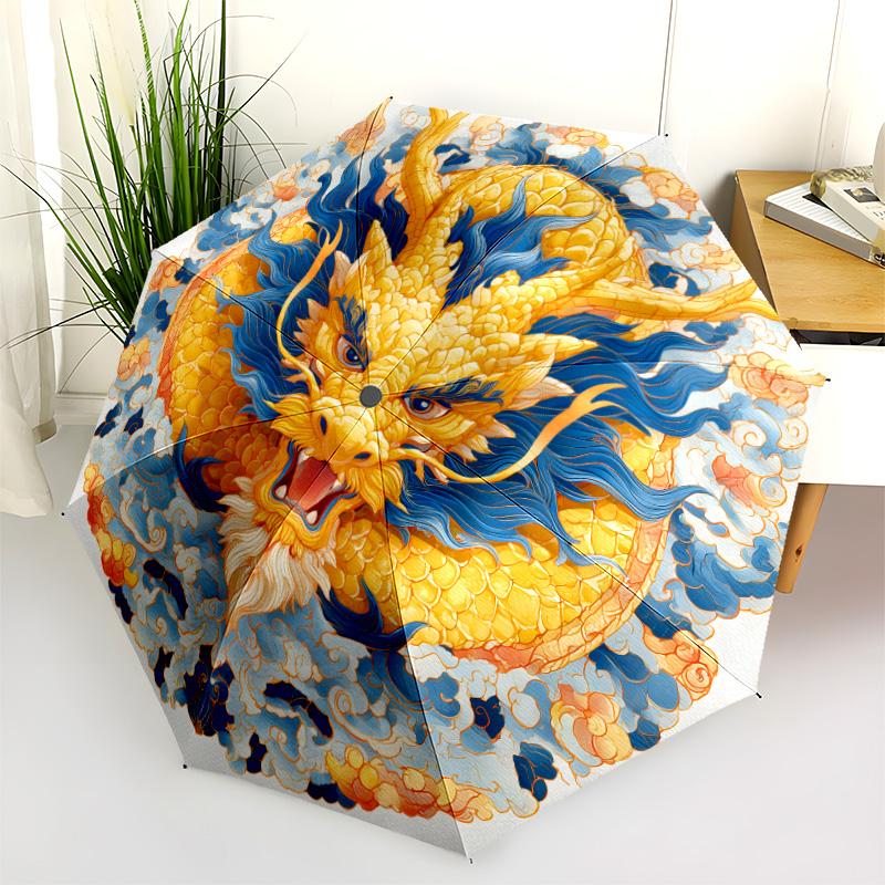 Golden Dragon  Pattern, Automatic Folding Umbrella, Portable and Foldable Design, 8 Ribs, a Christmas or Birthday Gift.