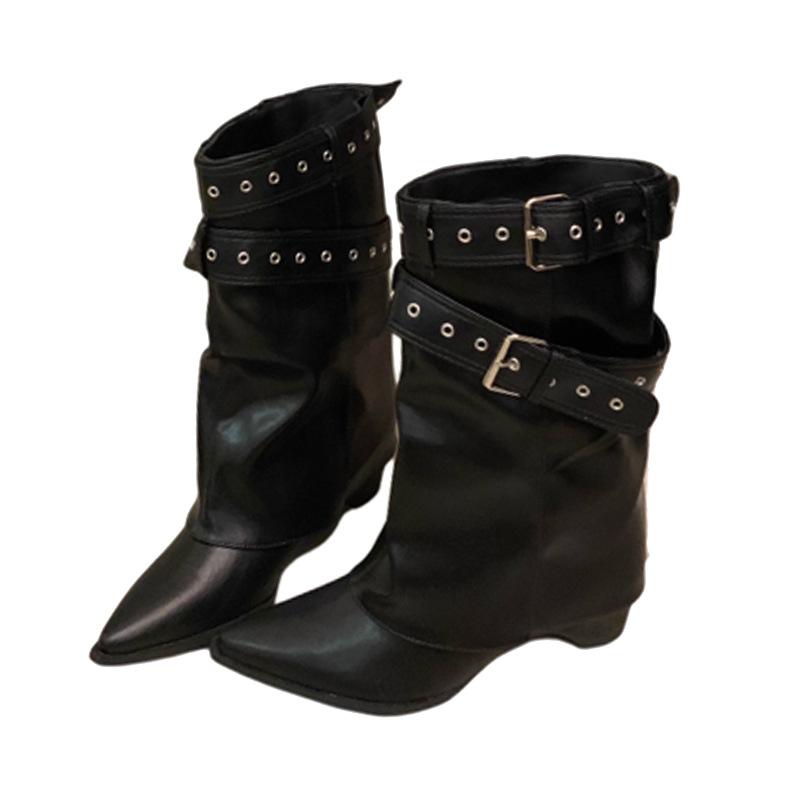 Retro Pointed Belt Buckle Short Boots Women's 2025 Autumn and Winter New Thin Babes But Knee-length Knight Boots
