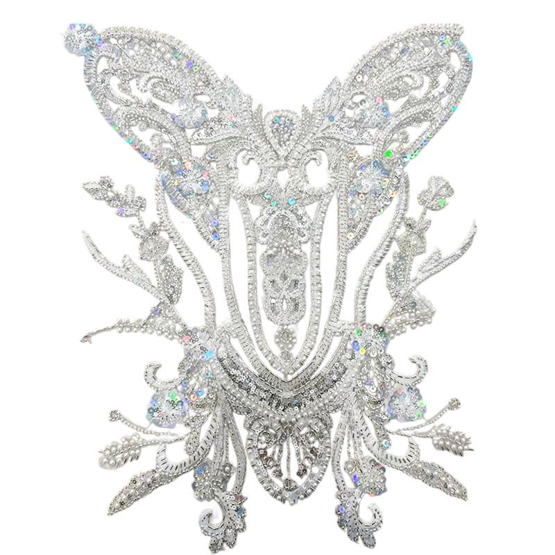 

Large Size Colorful White Bead Embroidery Pearl Mesh Patch Dress Applique Bridal Wedding Dress Front Chest Decoration Lace Patch білий