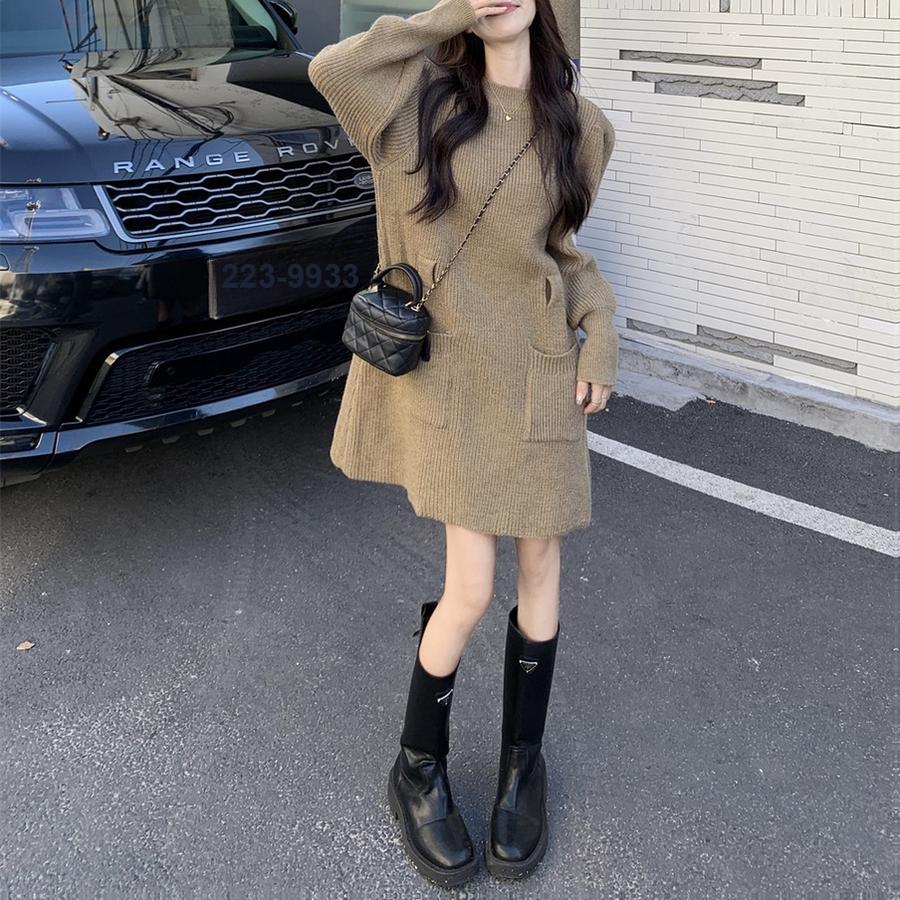 New French Style Petite Knit Dress for Women, Long Sleeve Loose Knit Base Dress for Fall Winter
