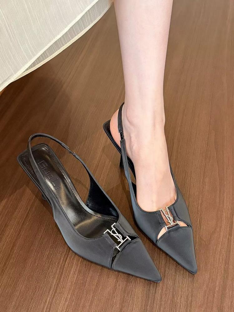 Summer 2025 new niche high-end black bag head sandals rear empty shallow mouth thin heel temperament single shoes women's shoes