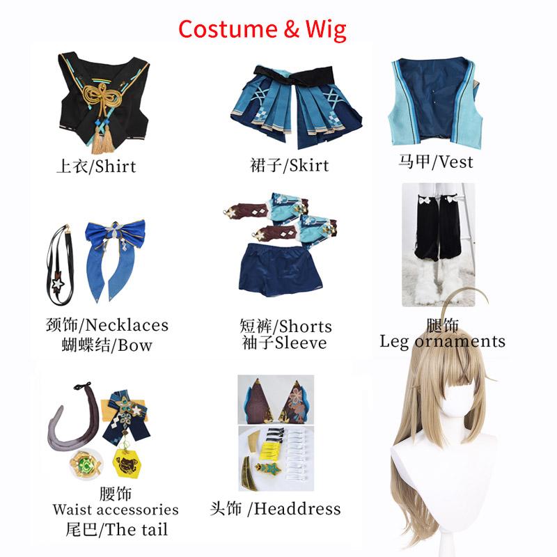 Kirara Cosplay Costume Wig Women Inazuma Neko Girl Kirara Full Set  Leg Cover Headwear