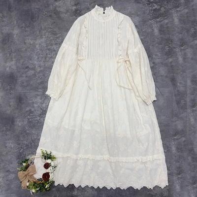 Japanese Forest Long-sleeved Dress Spring Vintage Lace Double Embroidered Tie Ruffles Women Dresses