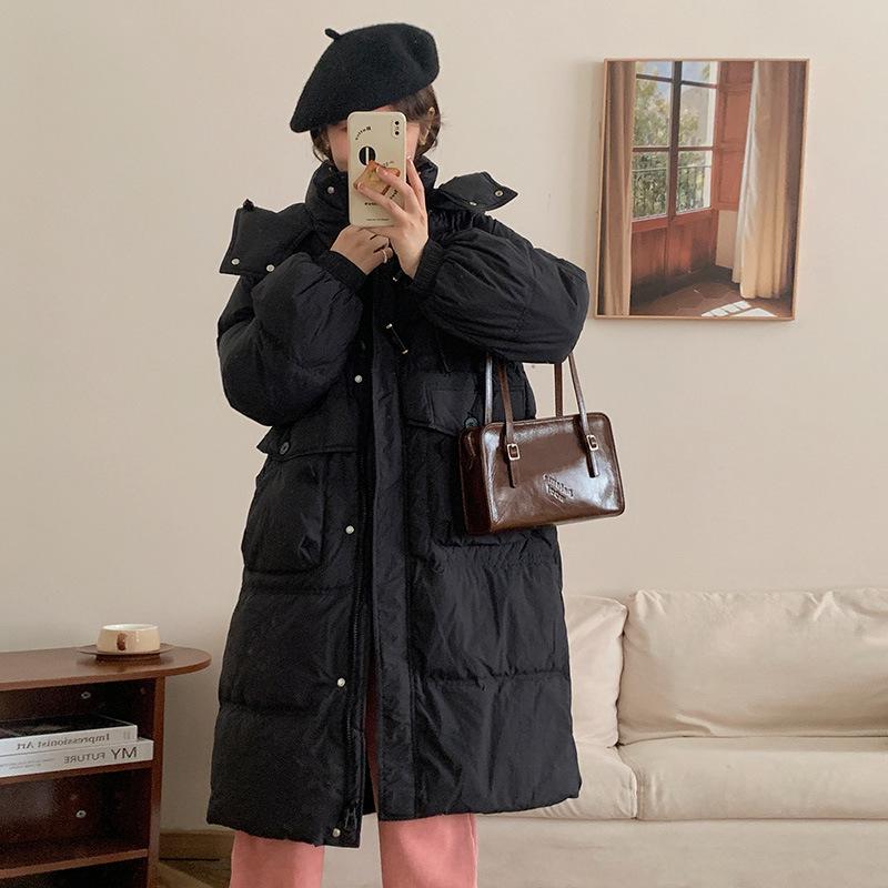 Sweet bamboo buckle down jacket women's medium and long 2024 winter new hooded knee thickened warm jacket