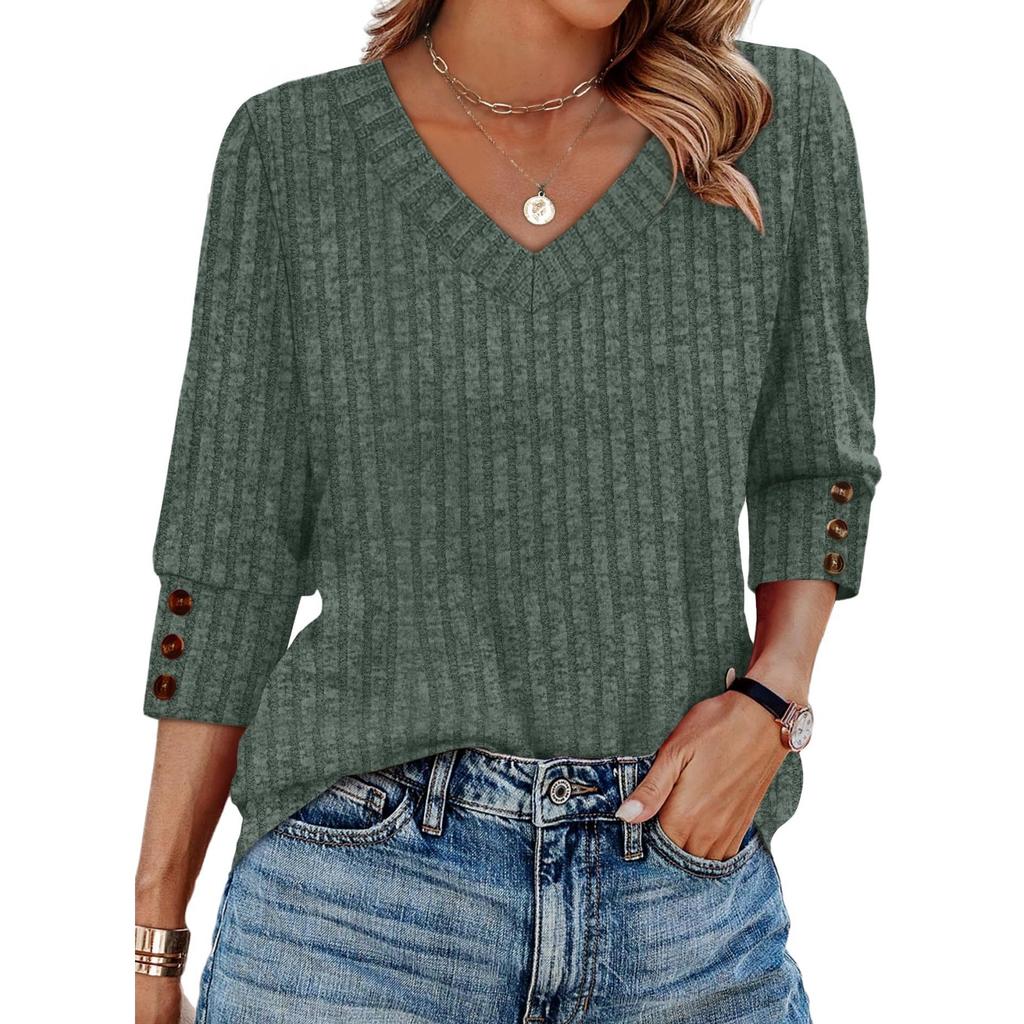 Women's T Shirt Tee Button 3/4 Sleeve Tunic Daily Weekend Fashion Basic V- Neck Regular Top