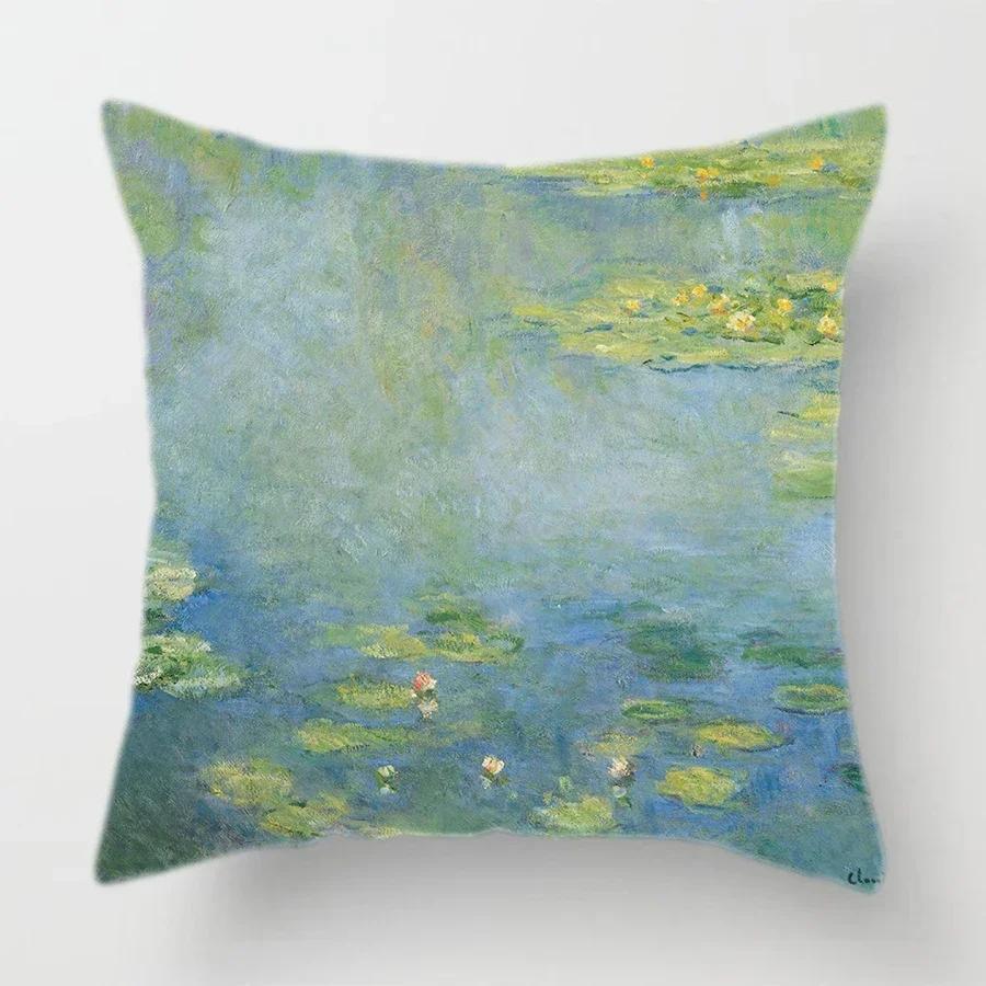Claude Monet Polyester Printing Cushion Cover Sofa Landscape World Famous Oil Painting Throw Decorative Pillow Case Home Decor