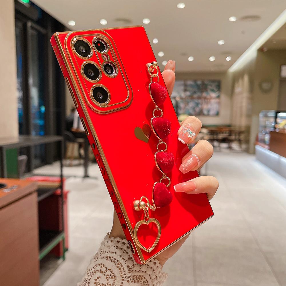 

Розкішний чохол із покриттям для Samsung S24 S23 S22 Ultra S20 FE S21 Plus A54 A34 A14 A52 A53 A23 A13 Чохол-браслет із зап’ястним ланцюжком у формі серця For Samsung A54 5G червоний