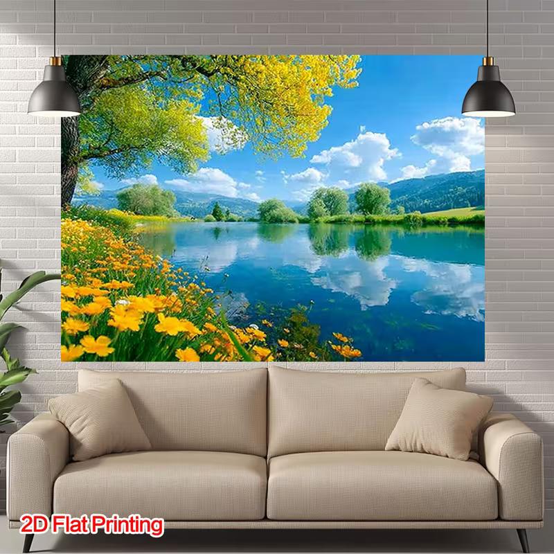 Spring Lake Nature Tapestry, Yellow Flower & Green Tree Background Cloth, Calming Landscape Wall Decor