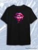 TeeSensation Black Crew Neck Short Sleeve T-Shirt with Dripping Pink Purple Lips Graphic Print