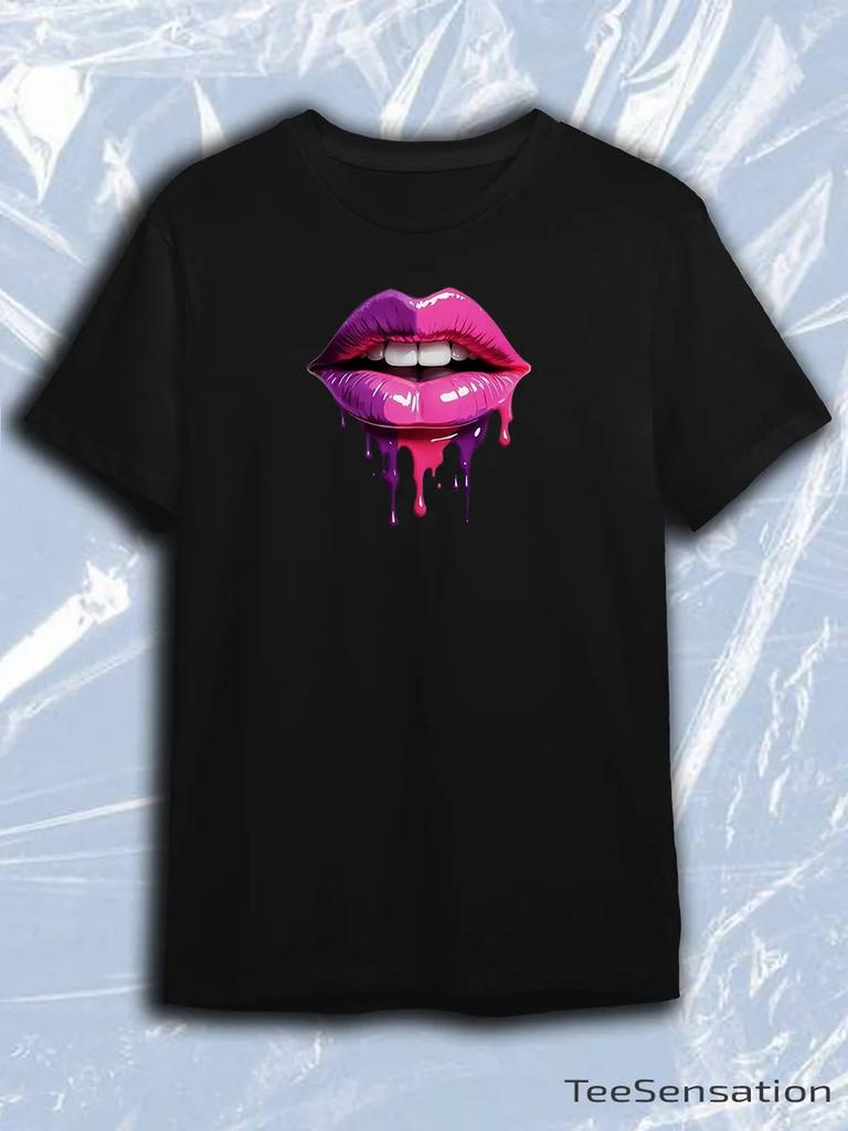 TeeSensation Black Crew Neck Short Sleeve T-Shirt with Dripping Pink Purple Lips Graphic Print