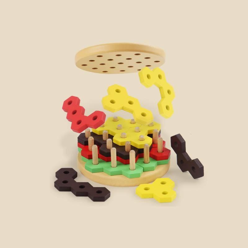 Wooden Shaped Hamburger Column Block Children Toy For Children Brain Training