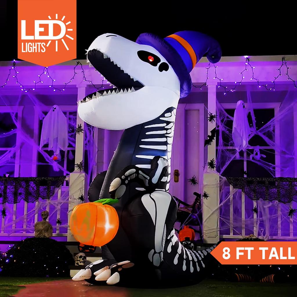 Joyfy Halloween Inflatable 8 FT Skeleton Dinosaur with Build-in LEDs Pumpkin for Halloween Outdoor Blow up Yard Decorations
