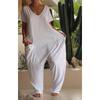 Women's V Neck Short Sleeve Harem Jumpsuit Solid Color Loose Pocket Casual Overall
