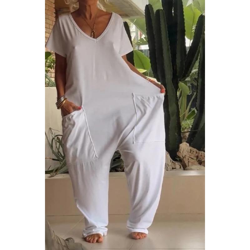 

Women s V Neck Short Sleeve Harem Jumpsuit Solid Color Loose Pocket Casual Overall S белый