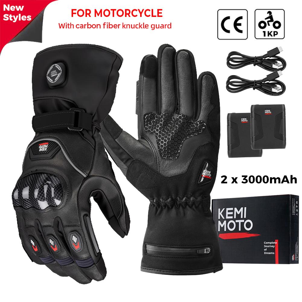 KEMIMOTO Leather Heated Motorcycle Gloves Winter Waterproof Touch Screen Moto Ski Camping Heated Gloves Battery Motorbike