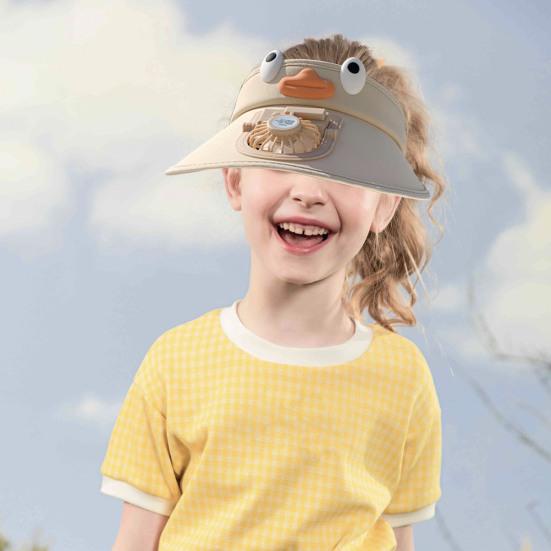 Kids Hat with Built-in Fan Cartoon Shape Oversized Brim UV-Resistant Sun Hat Cartoon Style Adjustable Wind Speed Hat