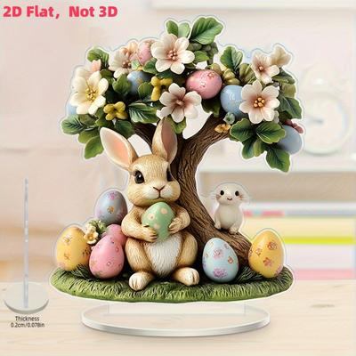 2D Flat Acrylic Easter Bunny & Egg Tabletop Decoration, White Rabbit, Colorful Eggs & Flowers, Suitable for Wall Decoration, Porch, Room, Villa, Accen