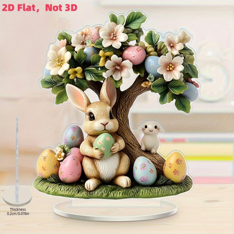 

2D Flat Acrylic Easter Bunny & Egg Tabletop Decoration, White Rabbit, Colorful Eggs & Flowers, Suitable for Wall Decoration, Porch, Room, Villa, Accen 18.5*16CM
