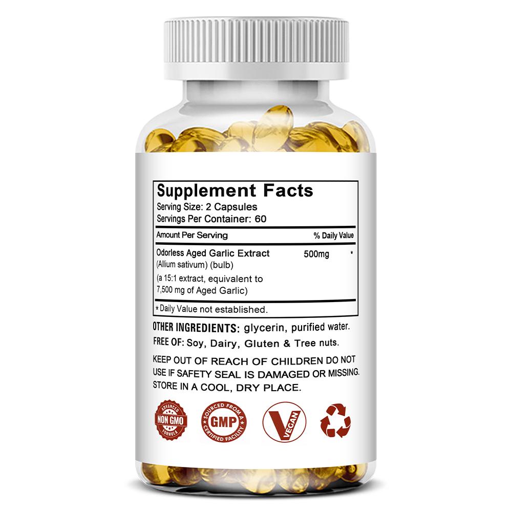 Geruchloses gereiftes Knoblauchextrakt 500 mg Nahrungsergänzungsmittel, 120 Weichkapseln pro Flasche