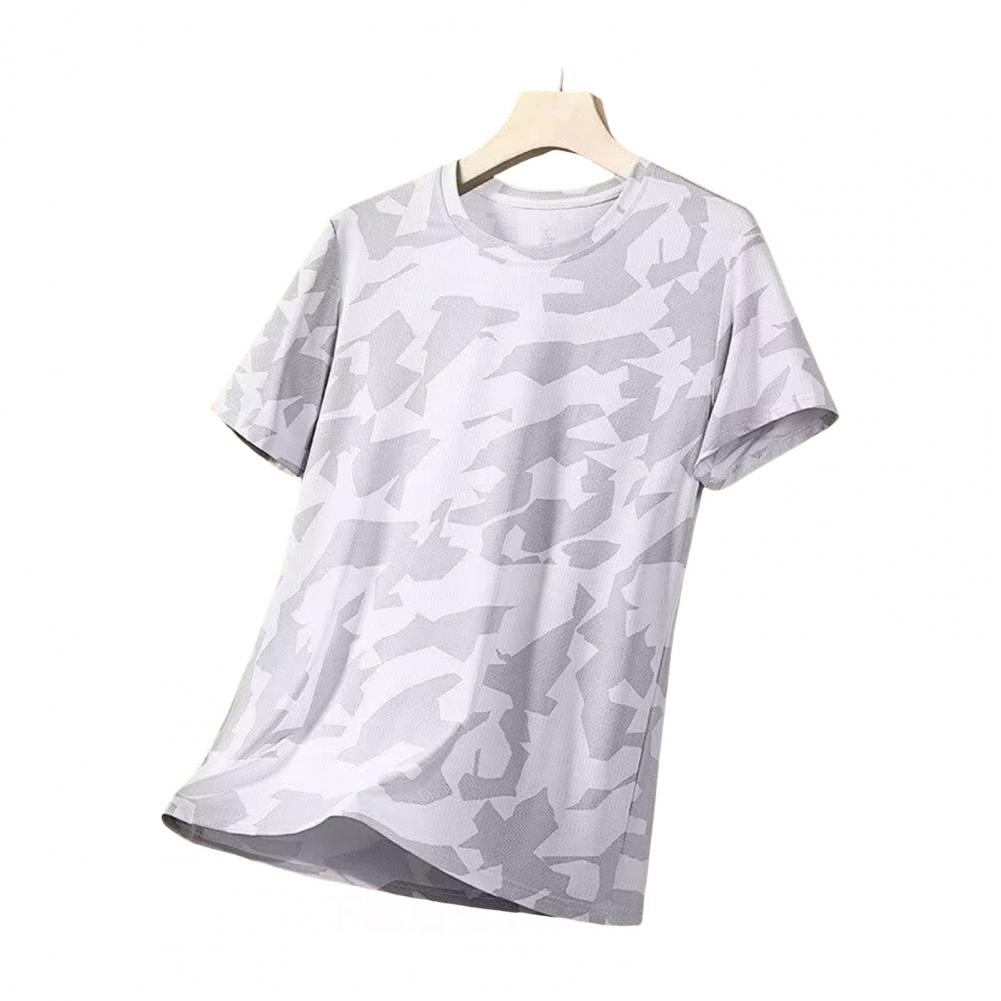 Summer Men T-shirt Round Neck Short Sleeves Thin Quick-drying Loose Camouflage Print Pullover Mid Length Casual Daily Wear Sport