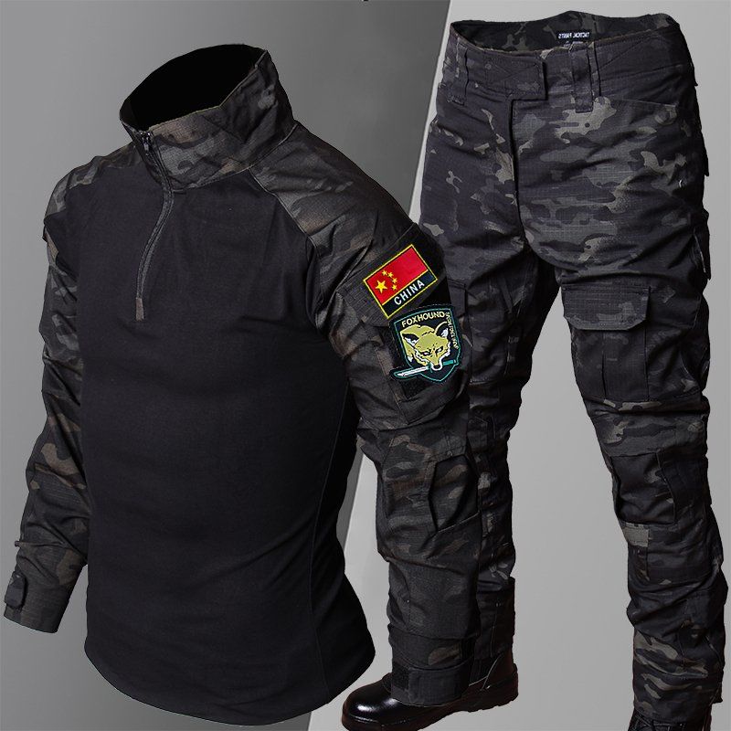 

RU Camo Tactical Sets Men Outdoor Breathable Long Sleeve T Shirts + Multi-pocket Straight Cargo Pant 2 Pcs Suit Training Combat Set S