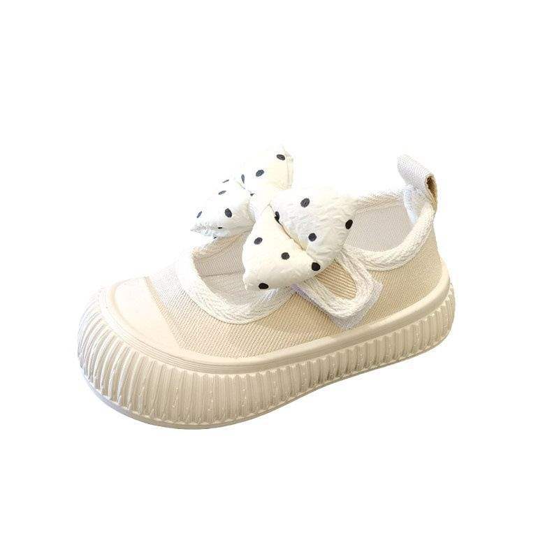 Spring and Autumn Baby Square Mouth Canvas Shoes Polka Dot Bow Girls' Children's Shoes Toddler Shoes Soft Sole Princess Shoes Anti-kick