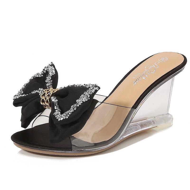 Новые женские летние пикантные прозрачные шлепанцы на высоком каблуке с кристаллами — фото 14