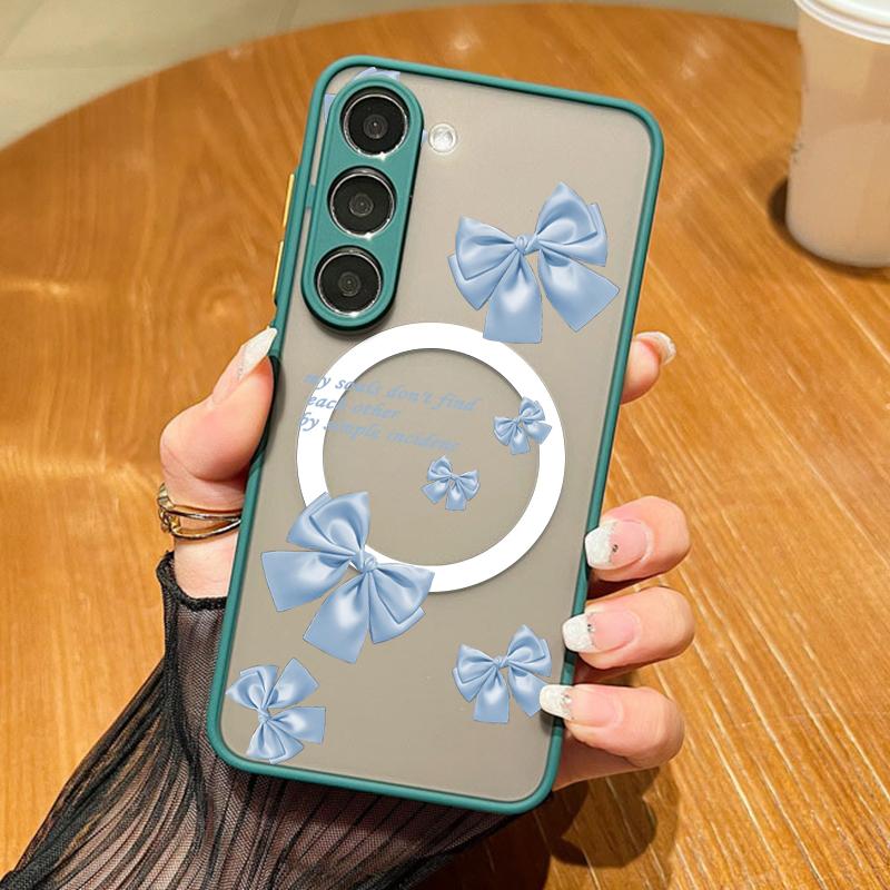 Bowknot Pattern Clear Magnetic Case For Samsung S25 S24 FE S23 Ultra S22 A56 A36 A15 A55 A35 Wireless Charge Shockproof Slim Matte Hone Cover